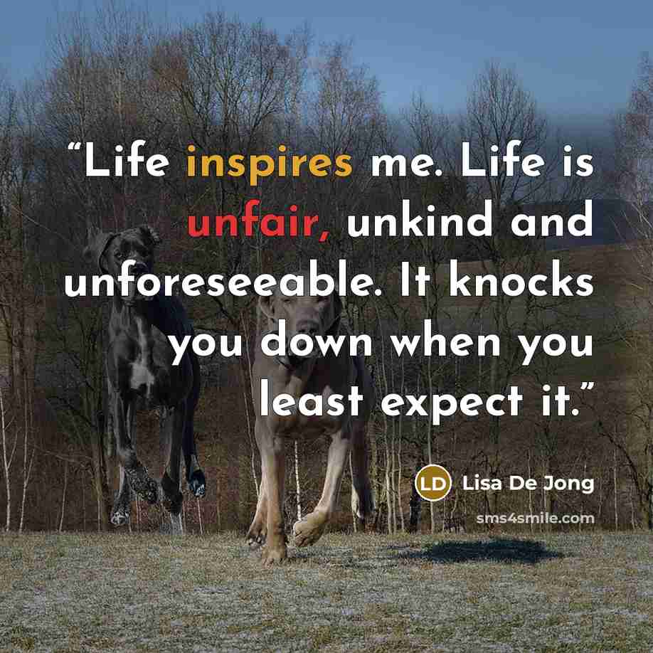 “Life inspires me. Life is unfair, unkind and unforeseeable. It knocks you down when you least expect it.” quote by Lisa De Jong