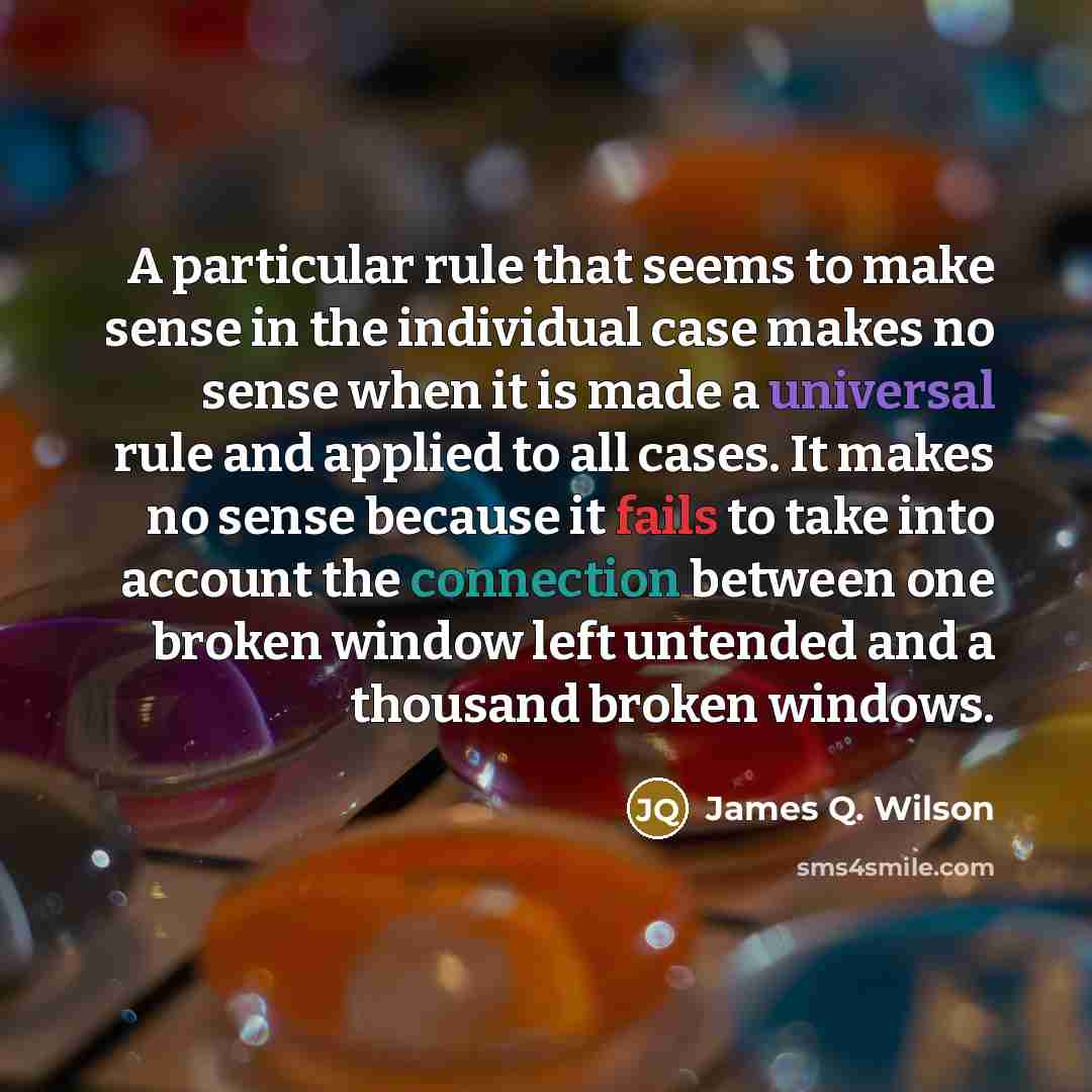“A particular rule that seems to make sense in the individual case makes no sense when it is made a universal rule and applied to all cases. It makes no sense because it fails to take into account the connection between one broken window left untended and a thousand broken windows.” quote by James Q. Wilson