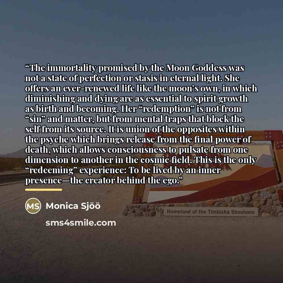 “The immortality promised by the Moon Goddess was not a state of perfection or stasis in eternal light. She offers an ever-renewed life like the moon’s own, in which diminishing and dying are as essential to spirit growth as birth and becoming. Her “redemption” is not from “sin” and matter, but…” quote by Monica Sjöö