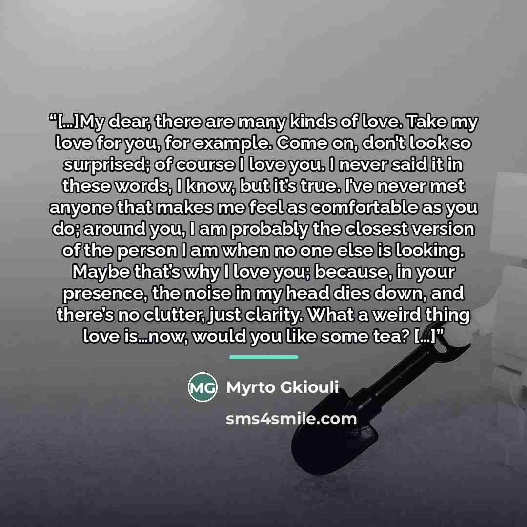 “[…]My dear, there are many kinds of love. Take my love for you, for example. Come on, don’t look so surprised; of course I love you. I never said it in these words, I know, but it’s true. I’ve never met anyone that makes me feel as comfortable as you do; around you, I am probably the closest…” quote by Myrto Gkiouli