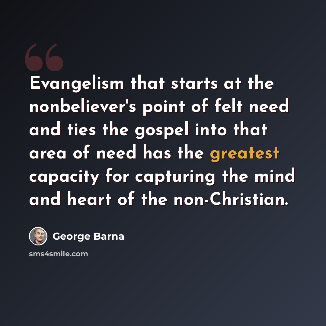 “Evangelism that starts at the nonbeliever's point of felt need and ties the gospel into that area of need has the greatest capacity for capturing the mind and heart of the non-Christian.” quote by George Barna