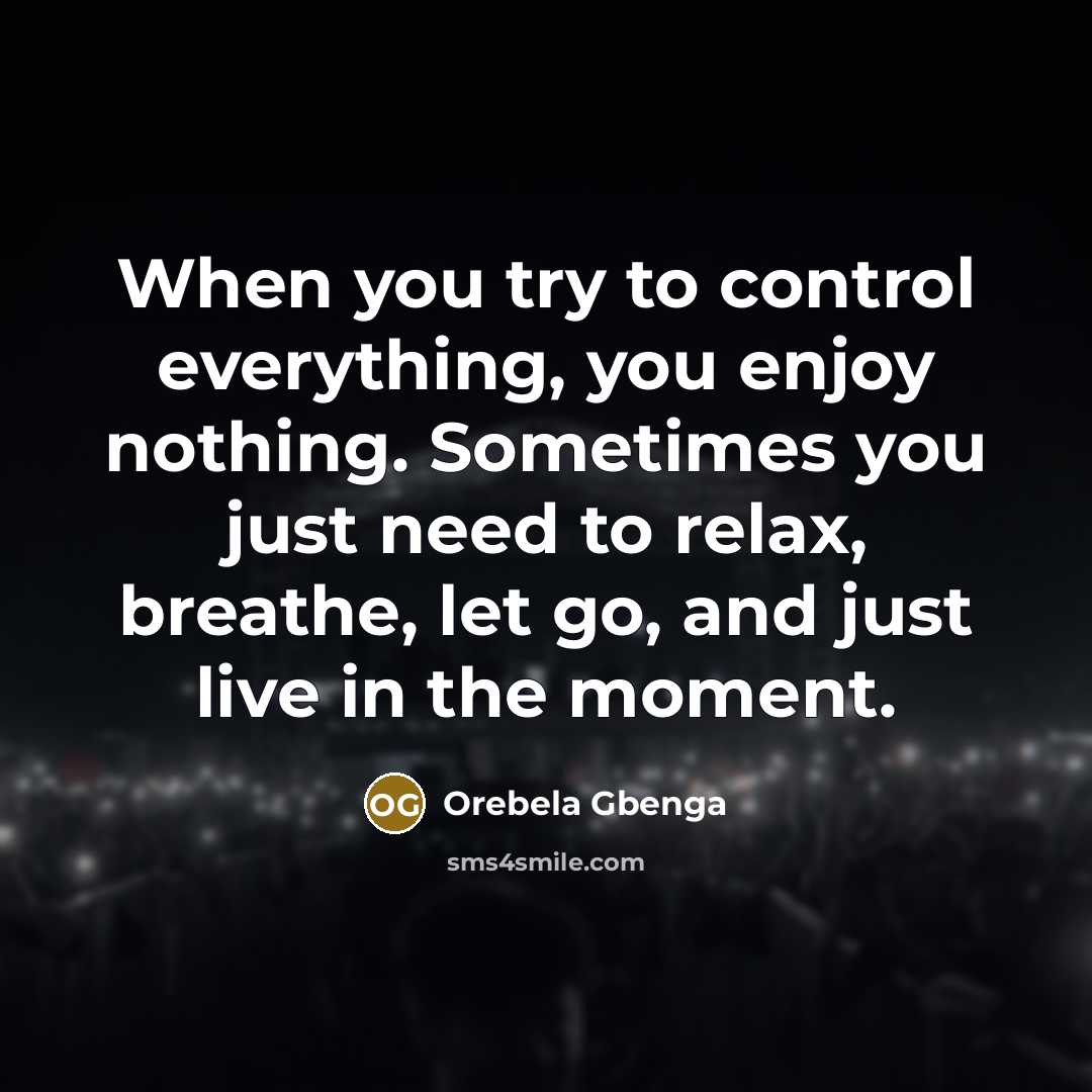 “When you try to control everything, you enjoy nothing. Sometimes you just need to relax, breathe, let go, and just live in the moment.” quote by Orebela Gbenga