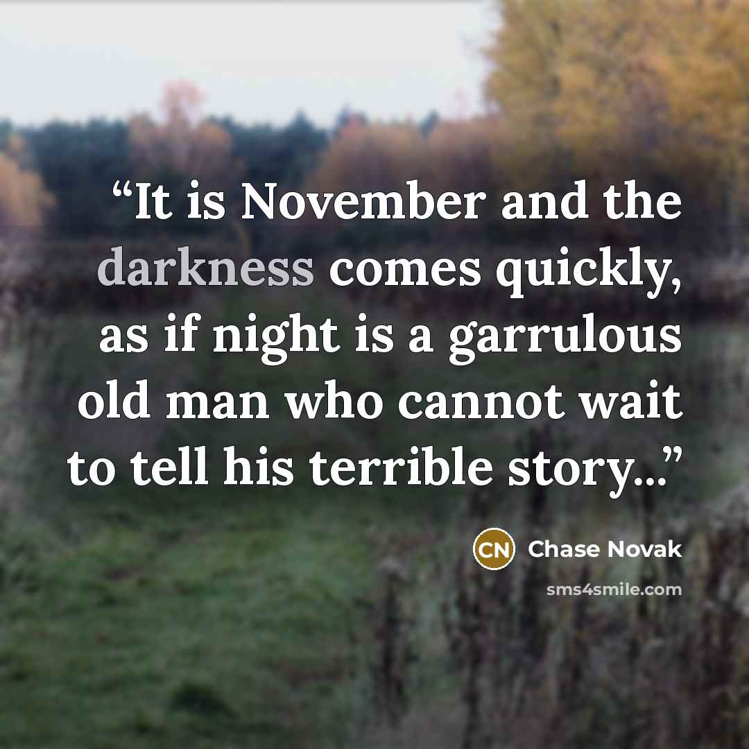 “It is November and the darkness comes quickly, as if night is a garrulous old man who cannot wait to tell his terrible story...” quote by Chase Novak