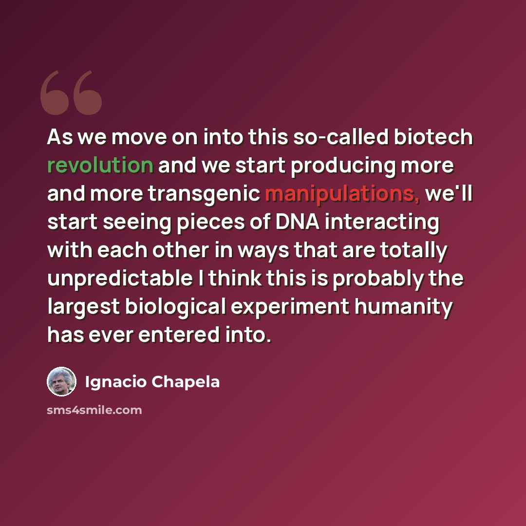 “As we move on into this so-called biotech revolution and we start producing more and more transgenic manipulations, we'll start seeing pieces of DNA interacting with each other in ways that are totally unpredictable I think this is probably the largest biological experiment humanity has ever…” quote by Ignacio Chapela