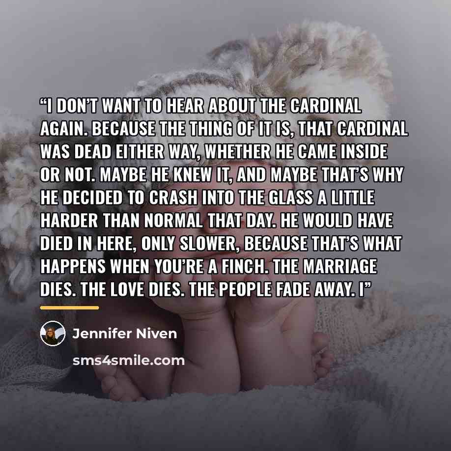 “I don’t want to hear about the cardinal again. Because the thing of it is, that cardinal was dead either way, whether he came inside or not. Maybe he knew it, and maybe that’s why he decided to crash into the glass a little harder than normal that day. He would have died in here, only slower…” quote by Jennifer Niven
