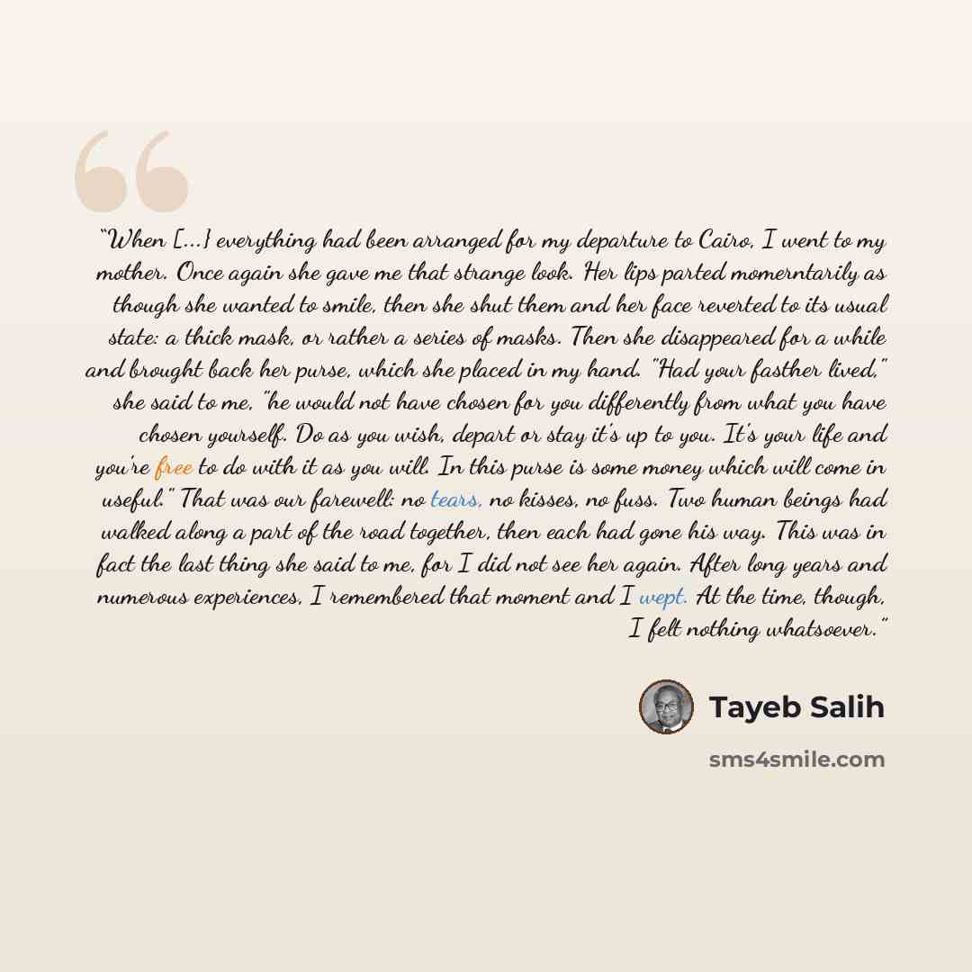 “When [...} everything had been arranged for my departure to Cairo, I went to my mother. Once again she gave me that strange look. Her lips parted momerntarily as though she wanted to smile, then she shut them and her face reverted to its usual state: a thick mask, or rather a series of masks. Then…” quote by Tayeb Salih