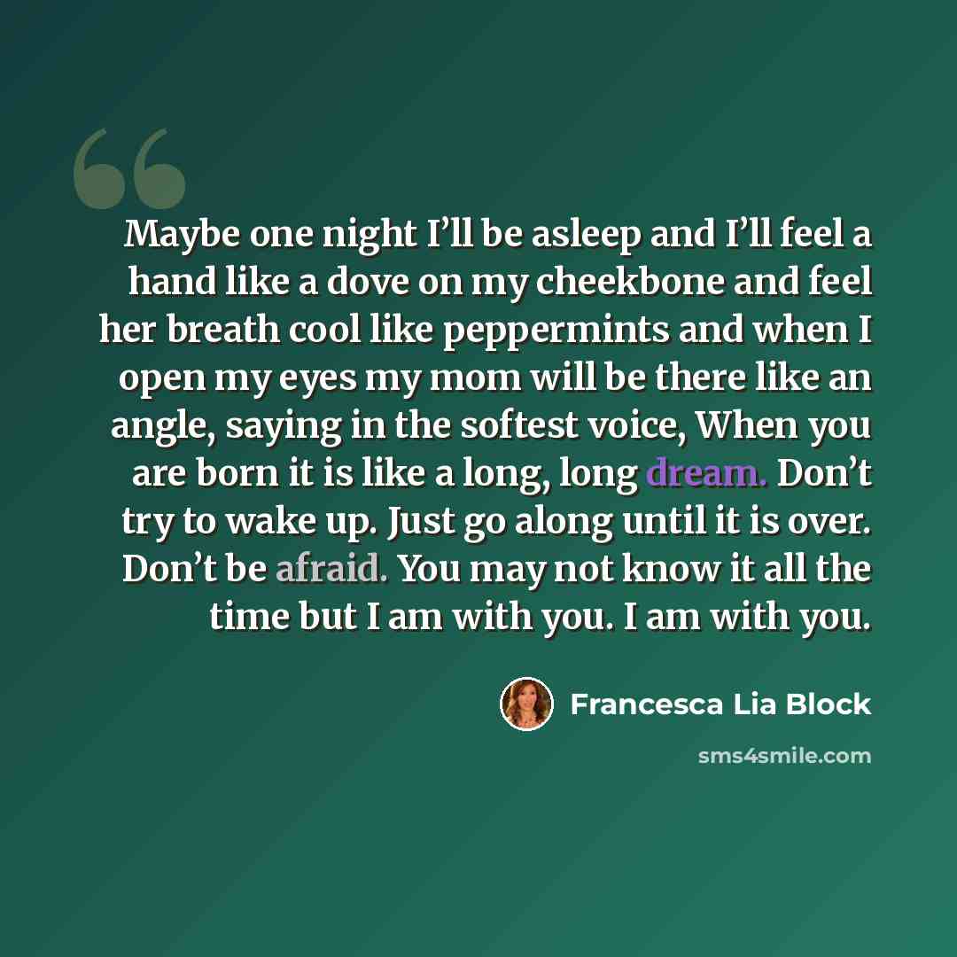 “Maybe one night I’ll be asleep and I’ll feel a hand like a dove on my cheekbone and feel her breath cool like peppermints and when I open my eyes my mom will be there like an angle, saying in the softest voice, When you are born it is like a long, long dream. Don’t try to wake up. Just go along…” quote by Francesca Lia Block