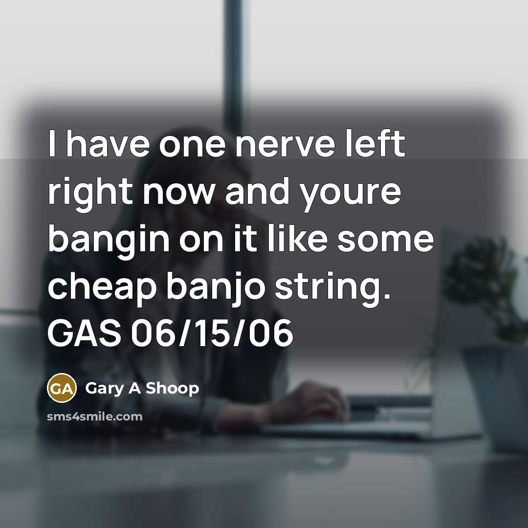 “I have one nerve left right now and youre bangin on it like some cheap banjo string. GAS 06/15/06” quote by Gary A Shoop