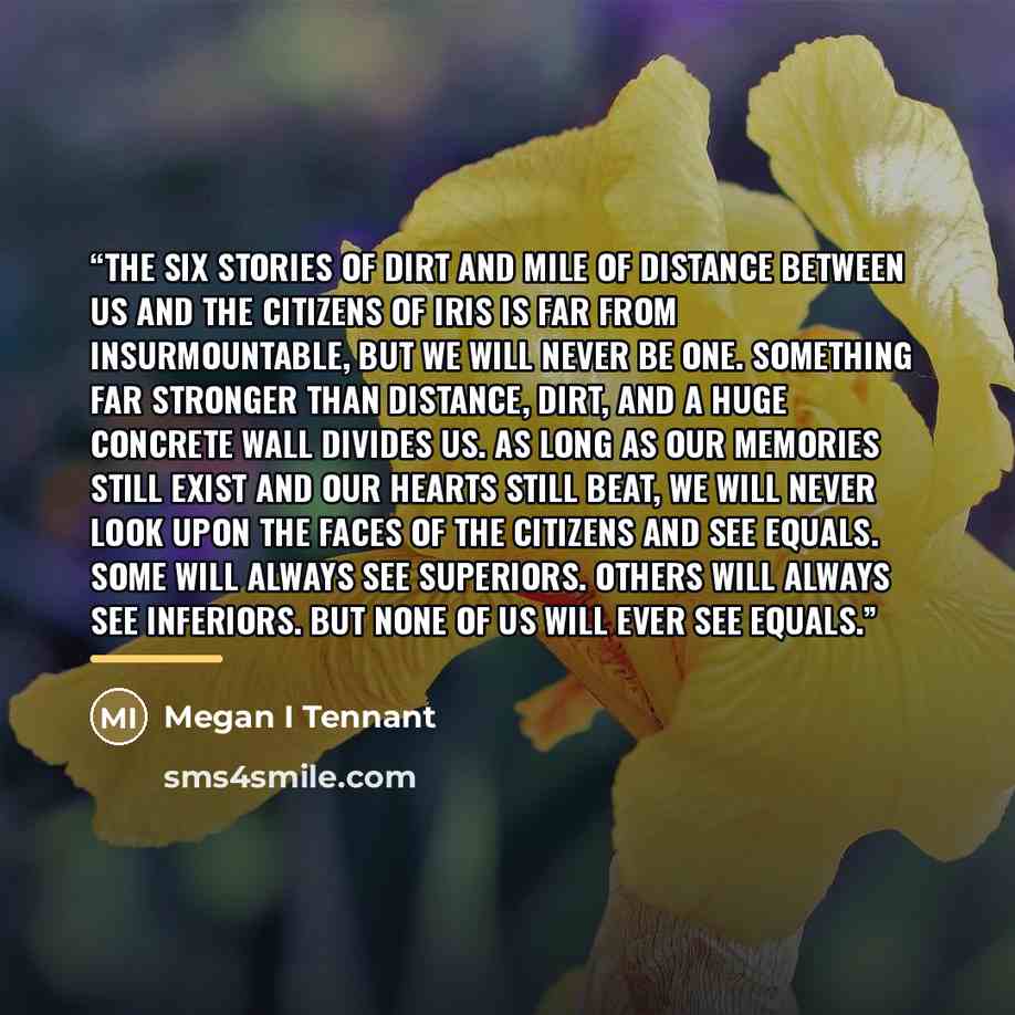 “The six stories of dirt and mile of distance between us and the Citizens of Iris is far from insurmountable, but we will never be one. Something far stronger than distance, dirt, and a huge concrete wall divides us. As long as our memories still exist and our hearts still beat, we will never look…” quote by Anonymous