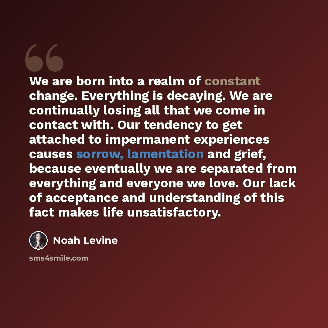 “We are born into a realm of constant change. Everything is decaying. We are continually losing all that we come in contact with. Our tendency to get attached to impermanent experiences causes sorrow, lamentation and grief, because eventually we are separated from everything and everyone we love…” quote by Noah Levine