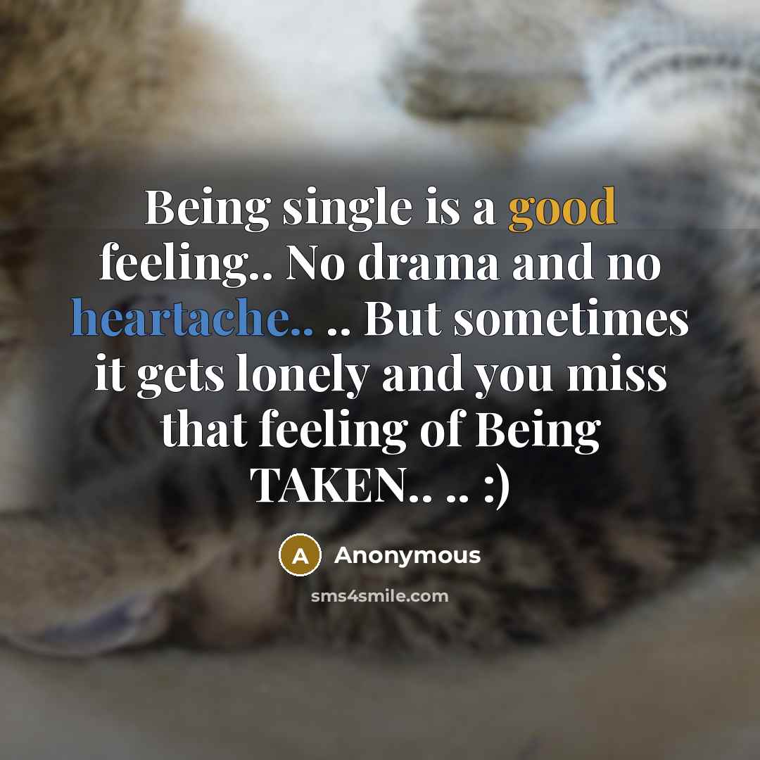 “Being single is a good feeling.. No drama and no heartache.. .. But sometimes it gets lonely and you miss that feeling of Being TAKEN.. .. :)” quote by Anonymous
