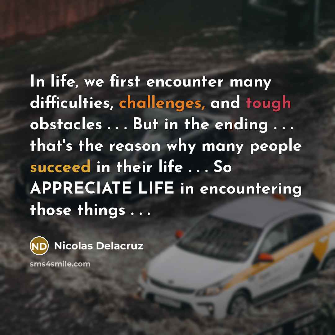 “In life, we first encounter many difficulties, challenges, and tough obstacles . . . But in the ending . . . that's the reason why many people succeed in their life . . . So APPRECIATE LIFE in encountering those things . . .” quote by Nicolas Delacruz