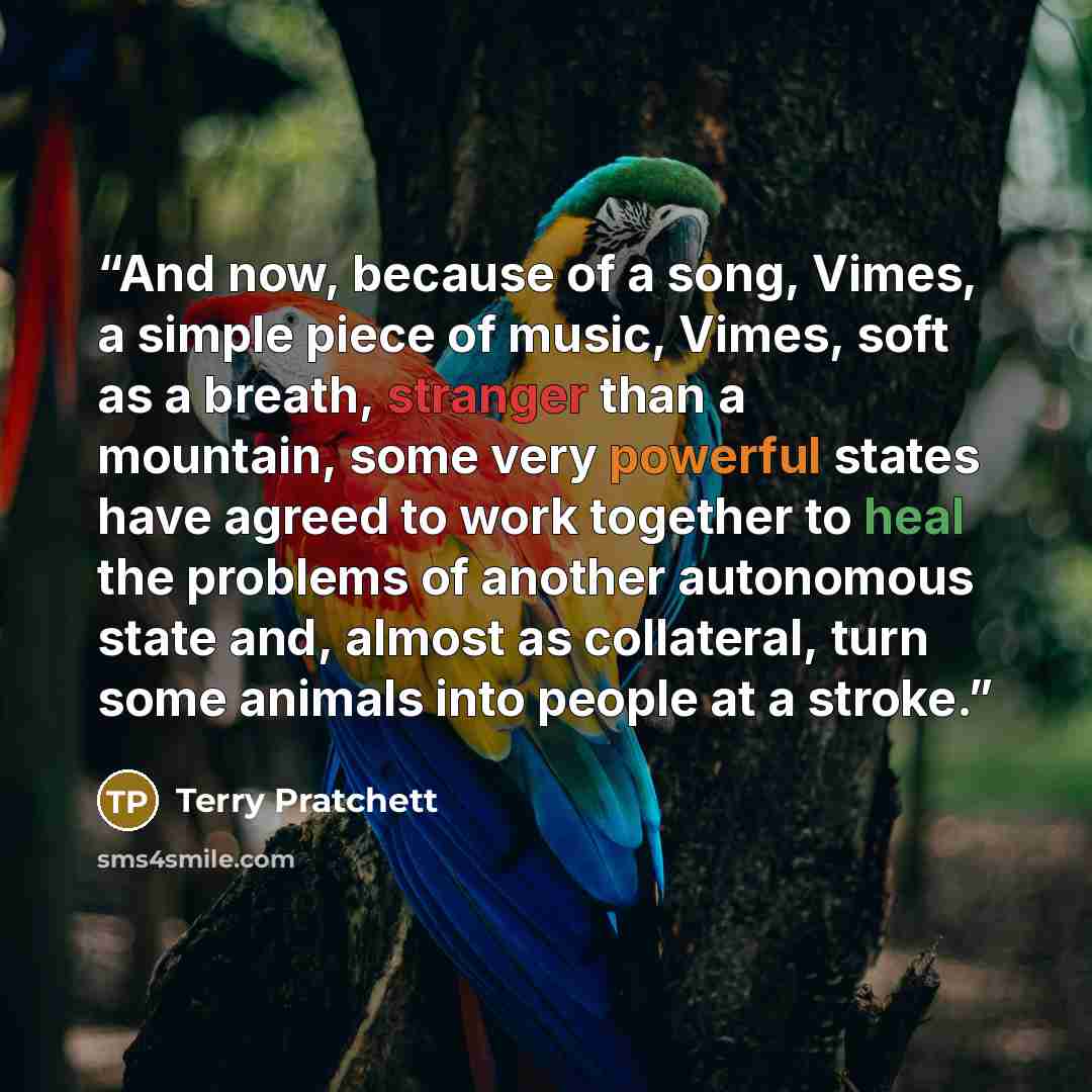 “And now, because of a song, Vimes, a simple piece of music, Vimes, soft as a breath, stranger than a mountain, some very powerful states have agreed to work together to heal the problems of another autonomous state and, almost as collateral, turn some animals into people at a stroke.” quote by Terry Pratchett