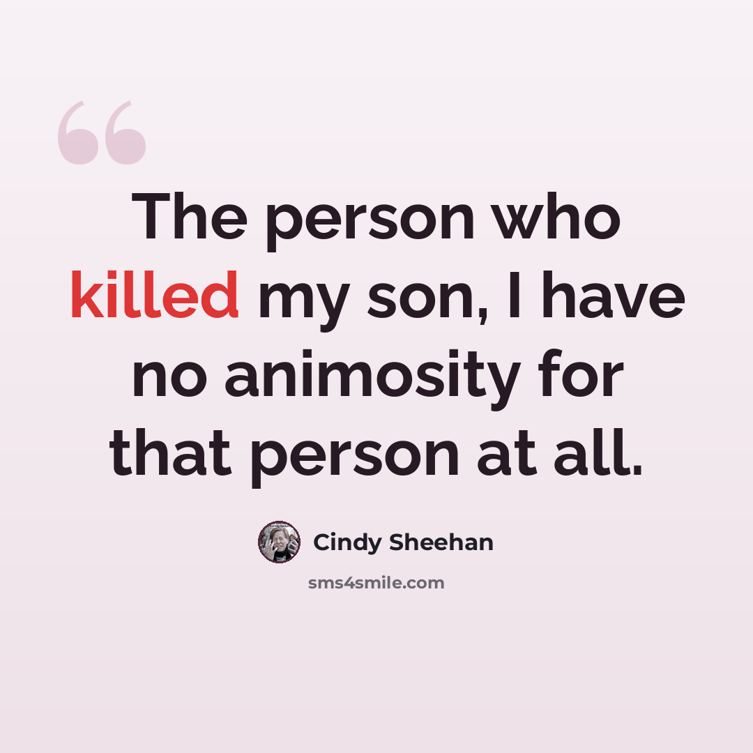 “The person who killed my son, I have no animosity for that person at all.” quote by Cindy Sheehan