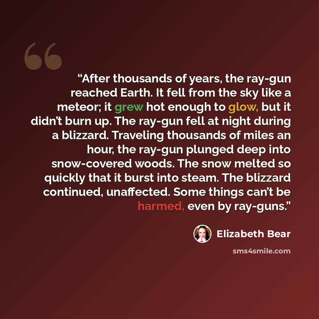 “After thousands of years, the ray-gun reached Earth. It fell from the sky like a meteor; it grew hot enough to glow, but it didn’t burn up. The ray-gun fell at night during a blizzard. Traveling thousands of miles an hour, the ray-gun plunged deep into snow-covered woods. The snow melted so…” quote by Elizabeth Bear