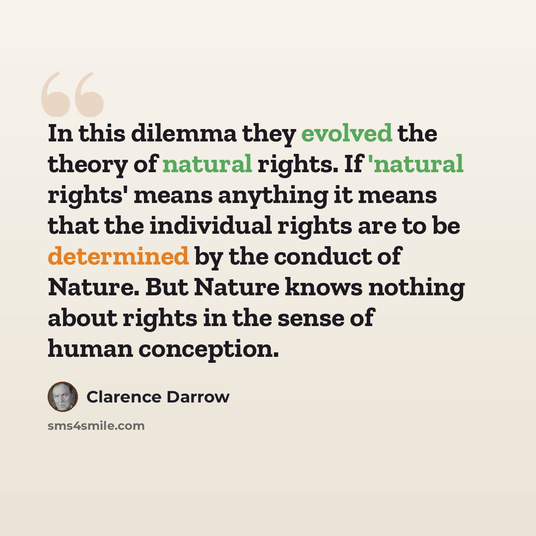 “In this dilemma they evolved the theory of natural rights. If 'natural rights' means anything it means that the individual rights are to be determined by the conduct of Nature. But Nature knows nothing about rights in the sense of human conception.” quote by Clarence Darrow