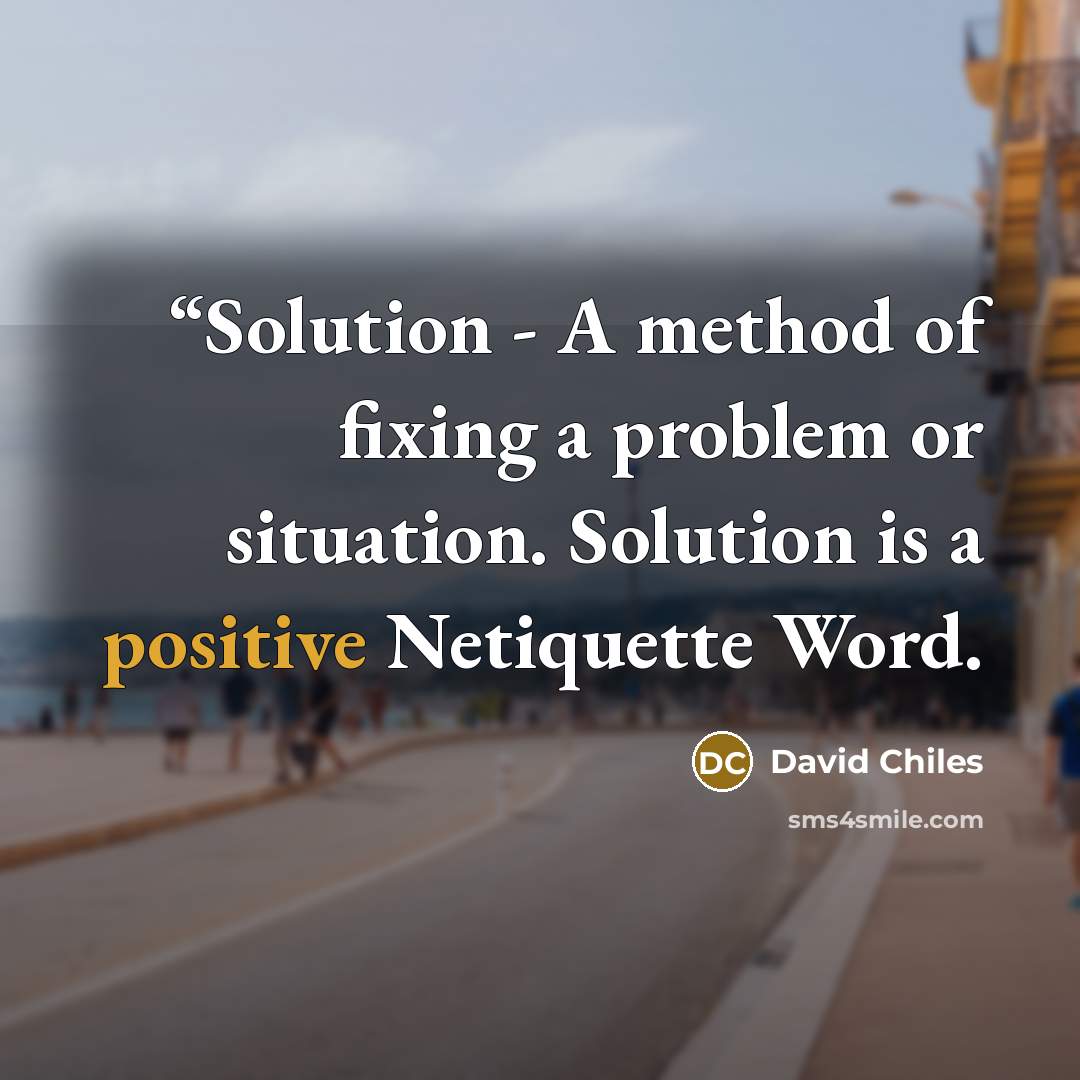 ““Solution - A method of fixing a problem or situation. Solution is a positive Netiquette Word.” quote by David Chiles