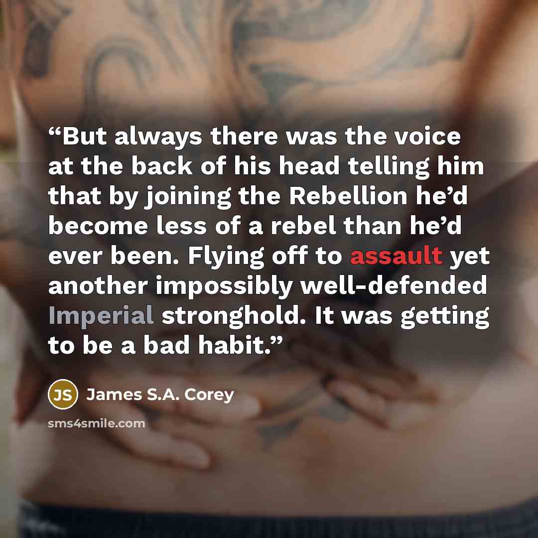 “But always there was the voice at the back of his head telling him that by joining the Rebellion he’d become less of a rebel than he’d ever been. Flying off to assault yet another impossibly well-defended Imperial stronghold. It was getting to be a bad habit.” quote by James S.A. Corey