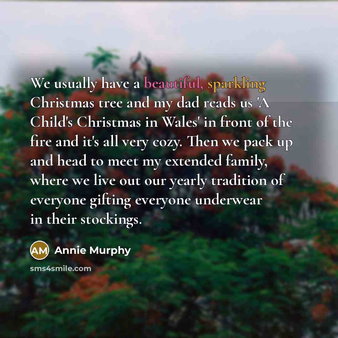 “We usually have a beautiful, sparkling Christmas tree and my dad reads us 'A Child's Christmas in Wales' in front of the fire and it's all very cozy. Then we pack up and head to meet my extended family, where we live out our yearly tradition of everyone gifting everyone underwear in their stockings.” quote by Annie Murphy