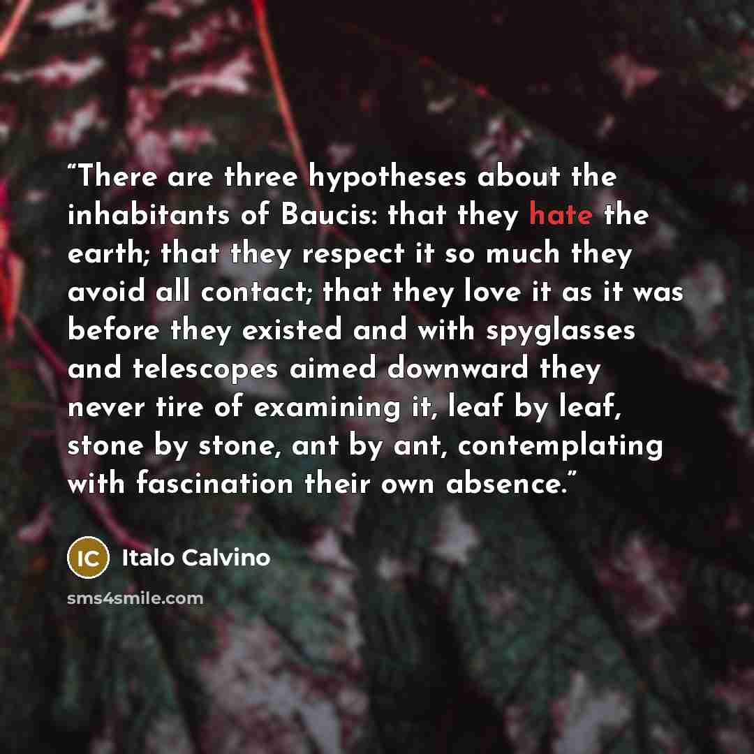 “There are three hypotheses about the inhabitants of Baucis: that they hate the earth; that they respect it so much they avoid all contact; that they love it as it was before they existed and with spyglasses and telescopes aimed downward they never tire of examining it, leaf by leaf, stone by…” quote by Italo Calvino