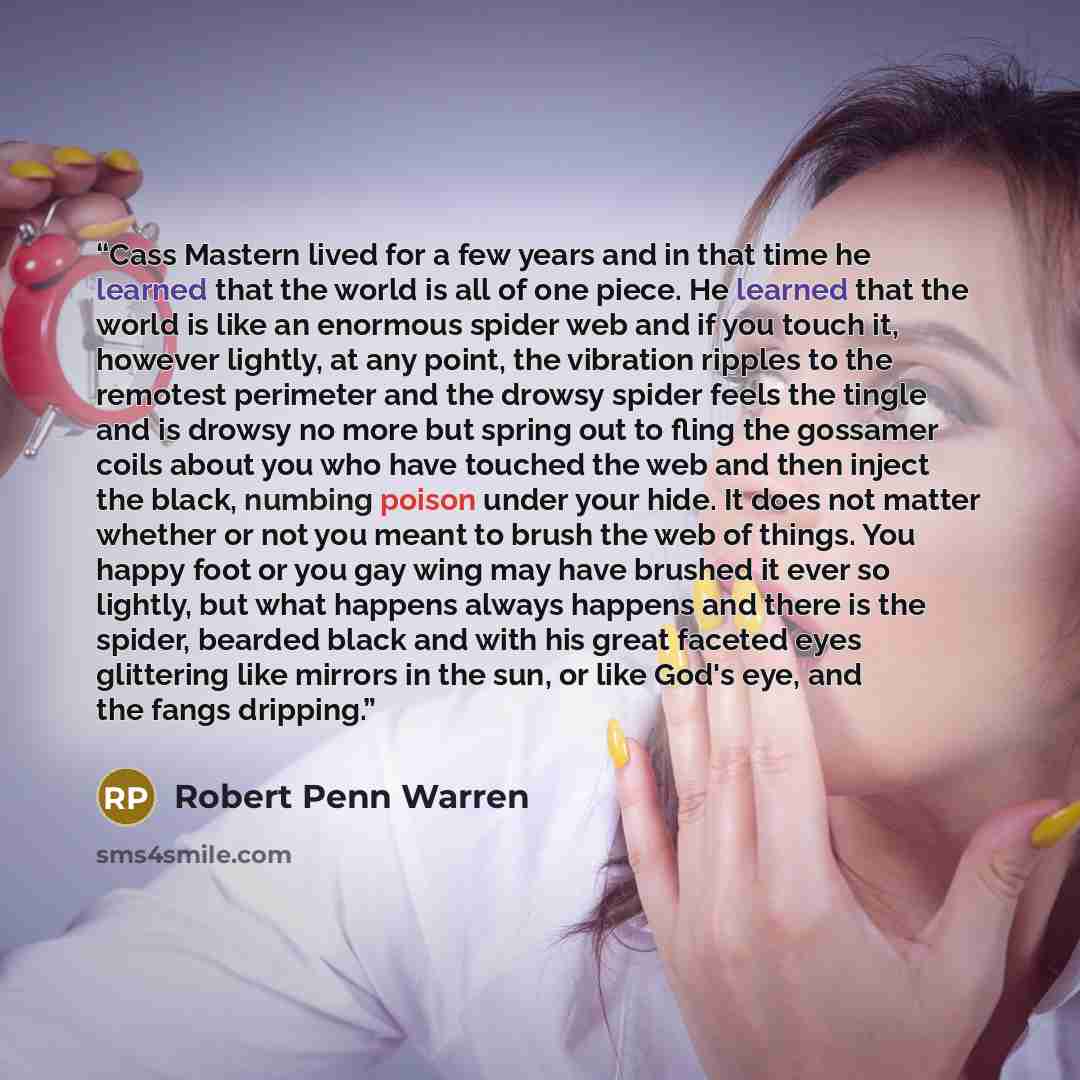 “Cass Mastern lived for a few years and in that time he learned that the world is all of one piece. He learned that the world is like an enormous spider web and if you touch it, however lightly, at any point, the vibration ripples to the remotest perimeter and the drowsy spider feels the tingle and…” quote by Robert Penn Warren