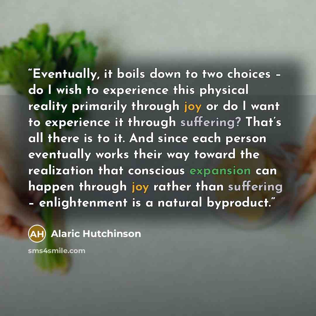 “Eventually, it boils down to two choices – do I wish to experience this physical reality primarily through joy or do I want to experience it through suffering? That’s all there is to it. And since each person eventually works their way toward the realization that conscious expansion can happen…” quote by Alaric Hutchinson
