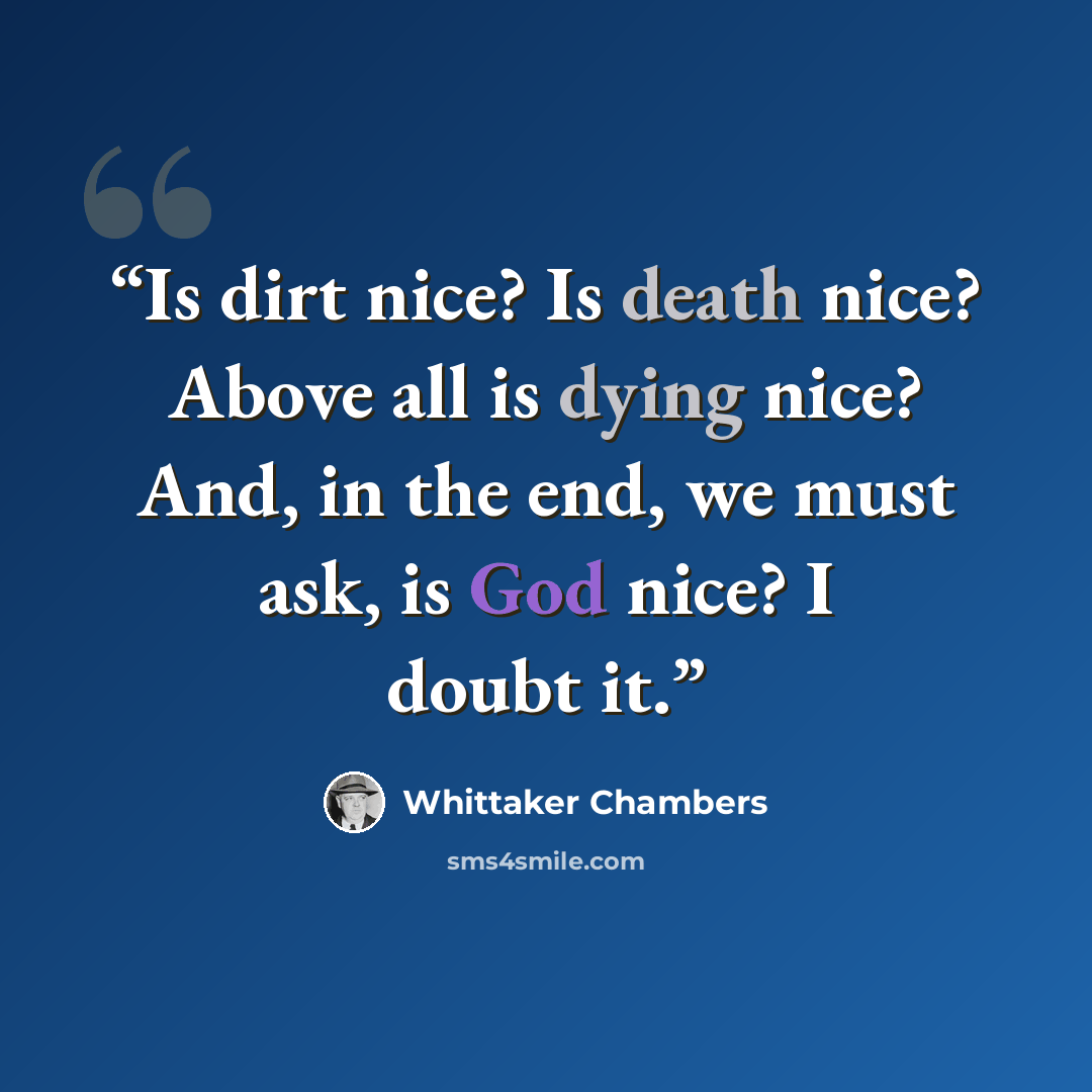 “Is dirt nice? Is death nice? Above all is dying nice? And, in the end, we must ask, is God nice? I doubt it.” quote by Whittaker Chambers