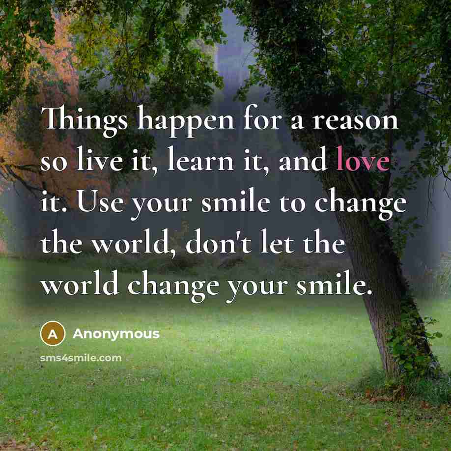 “Things happen for a reason so live it, learn it, and love it. Use your smile to change the world, don't let the world change your smile.” quote by Anonymous