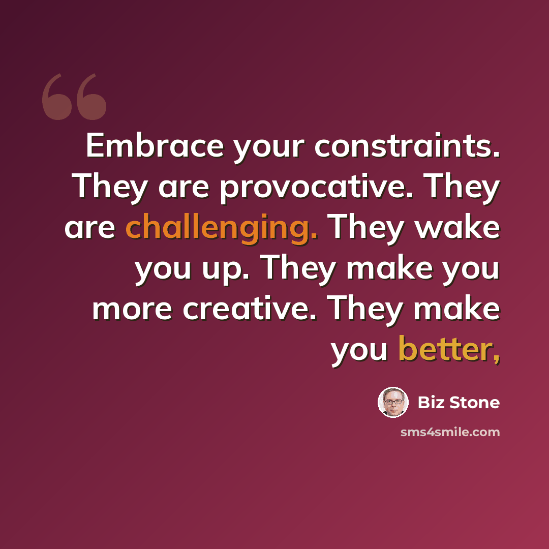 “Embrace your constraints. They are provocative. They are challenging. They wake you up. They make you more creative. They make you better,” quote by Biz Stone