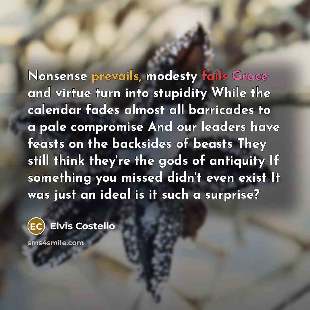 “Nonsense prevails, modesty fails Grace and virtue turn into stupidity While the calendar fades almost all barricades to a pale compromise And our leaders have feasts on the backsides of beasts They still think they're the gods of antiquity If something you missed didn't even exist It was just an…” quote by Elvis Costello