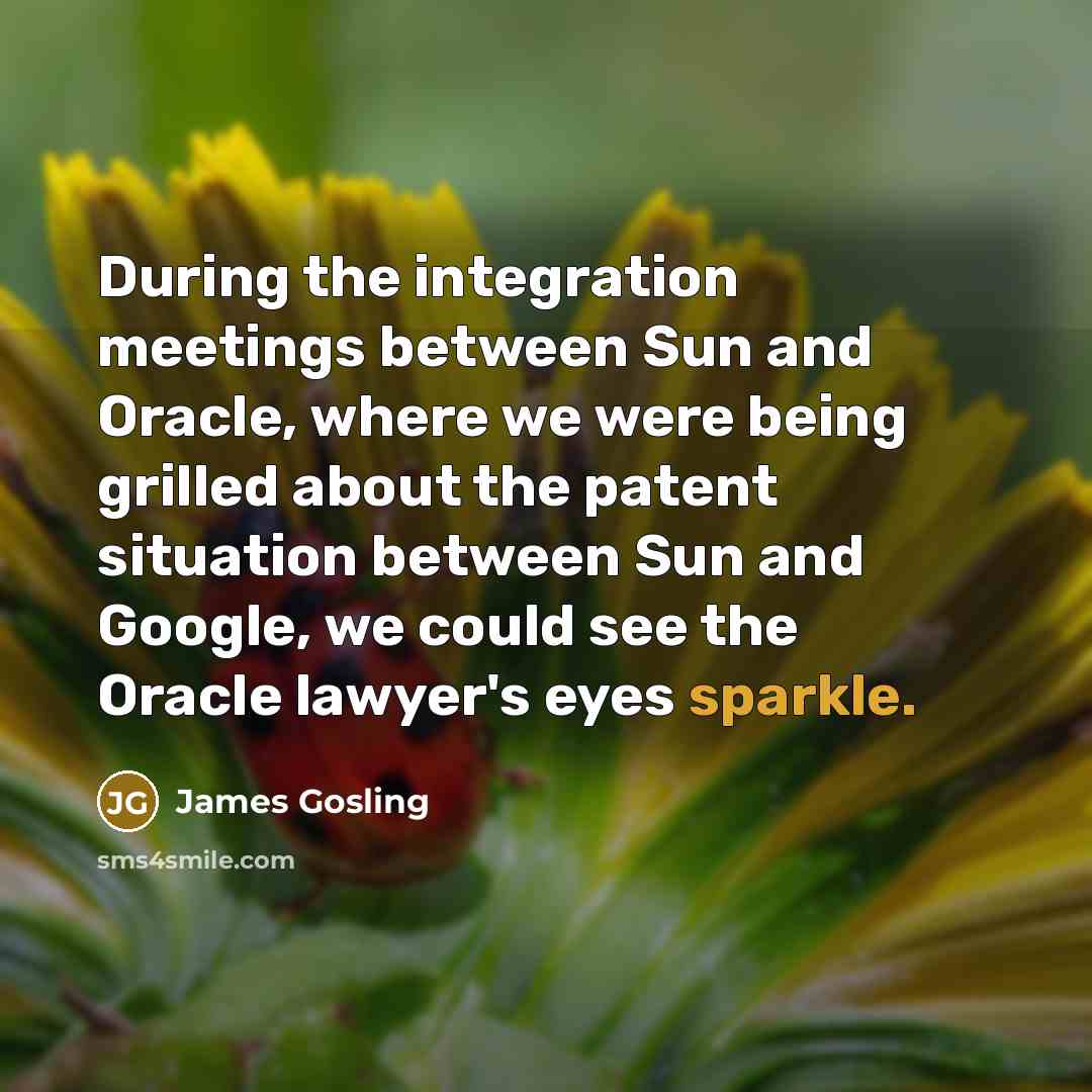 “During the integration meetings between Sun and Oracle, where we were being grilled about the patent situation between Sun and Google, we could see the Oracle lawyer's eyes sparkle.” quote by James Gosling