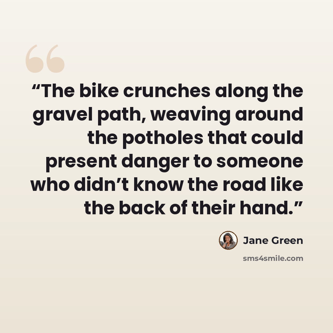 “The bike crunches along the gravel path, weaving around the potholes that could present danger to someone who didn’t know the road like the back of their hand.” quote by Jane Green