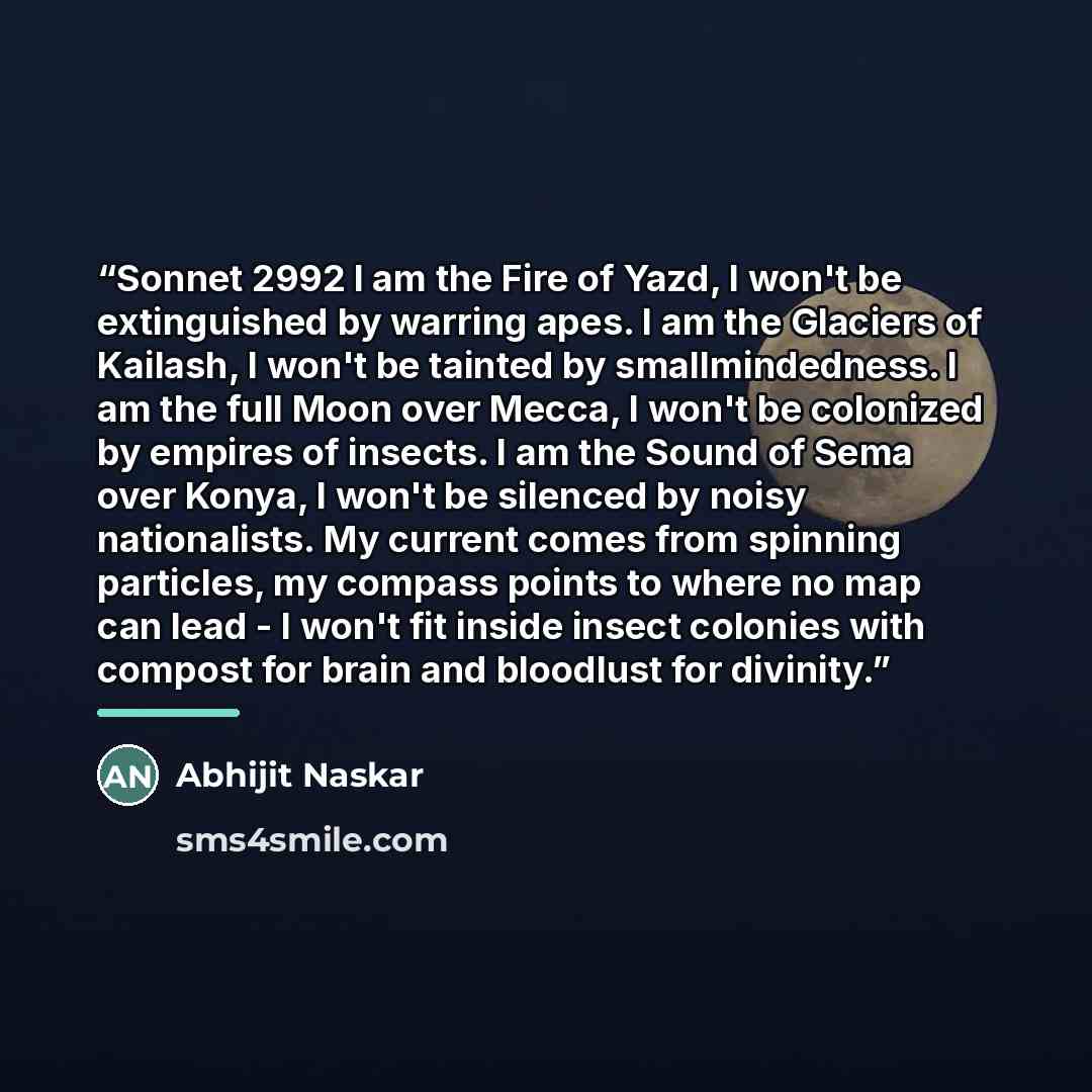“Sonnet 2992 I am the Fire of Yazd, I won't be extinguished by warring apes. I am the Glaciers of Kailash, I won't be tainted by smallmindedness. I am the full Moon over Mecca, I won't be colonized by empires of insects. I am the Sound of Sema over Konya, I won't be silenced by noisy nationalists…” quote by Abhijit Naskar