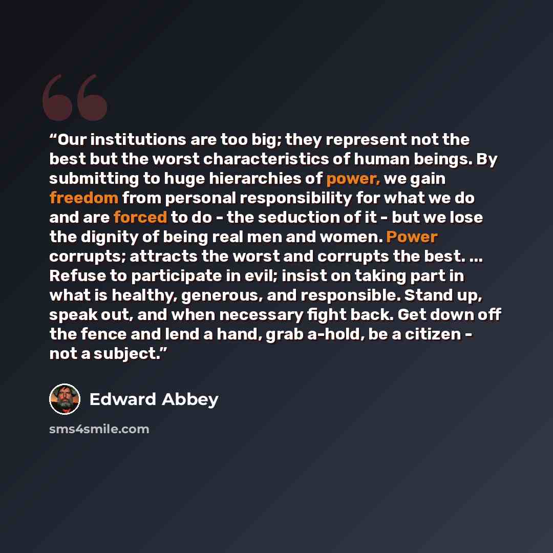 “Our institutions are too big; they represent not the best but the worst characteristics of human beings. By submitting to huge hierarchies of power, we gain freedom from personal responsibility for what we do and are forced to do - the seduction of it - but we lose the dignity of being real men…” quote by Edward Abbey