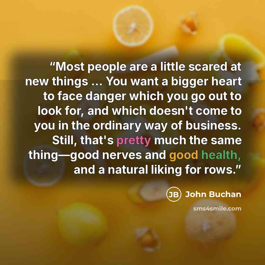 “Most people are a little scared at new things ... You want a bigger heart to face danger which you go out to look for, and which doesn't come to you in the ordinary way of business. Still, that's pretty much the same thing—good nerves and good health, and a natural liking for rows.” quote by John Buchan