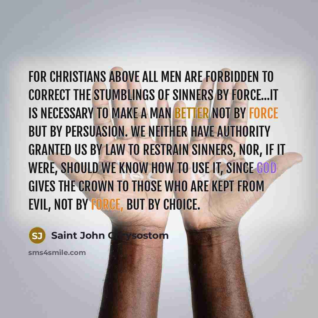 “For Christians above all men are forbidden to correct the stumblings of sinners by force...it is necessary to make a man better not by force but by persuasion. We neither have authority granted us by law to restrain sinners, nor, if it were, should we know how to use it, since God gives the crown…” quote by Saint John Chrysostom