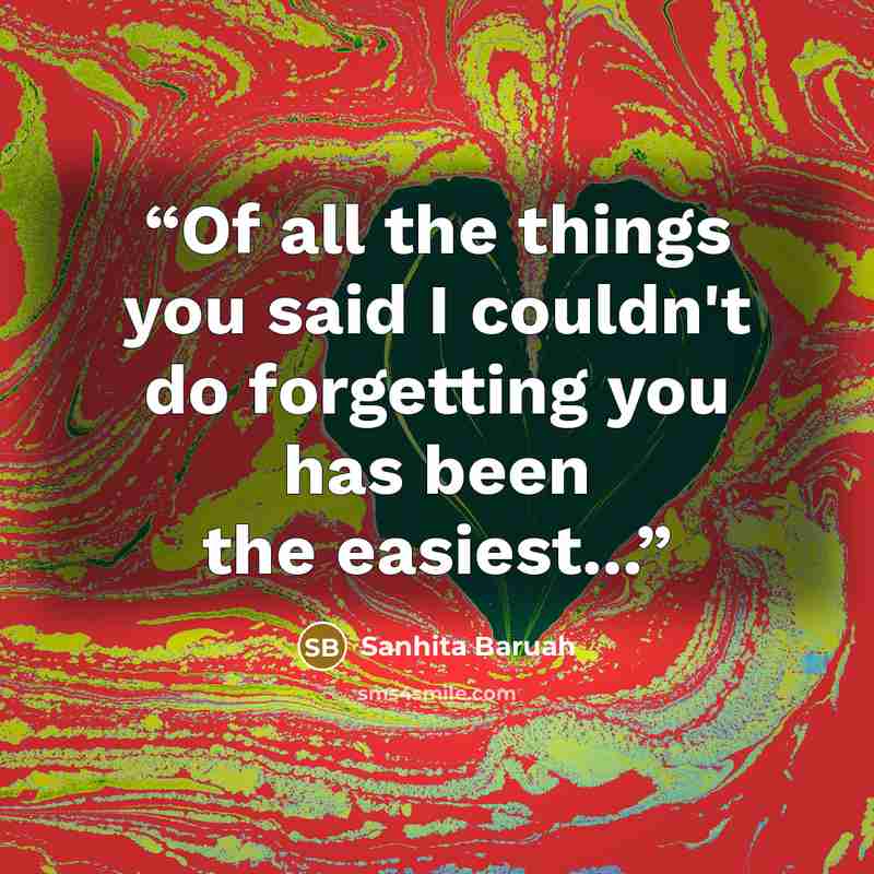 “Of all the things you said I couldn't do forgetting you has been the easiest...” quote by Sanhita Baruah