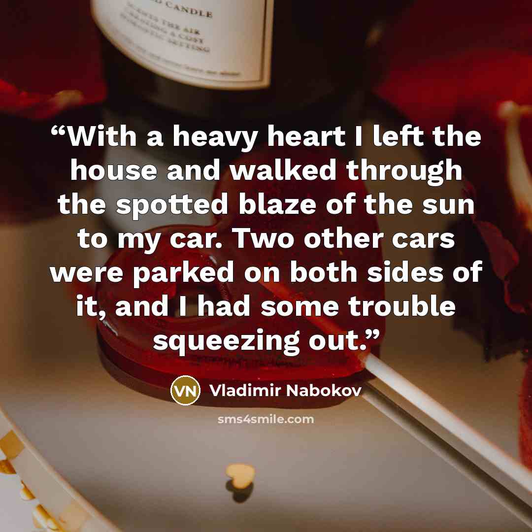 “With a heavy heart I left the house and walked through the spotted blaze of the sun to my car. Two other cars were parked on both sides of it, and I had some trouble squeezing out.” quote by Vladimir Nabokov