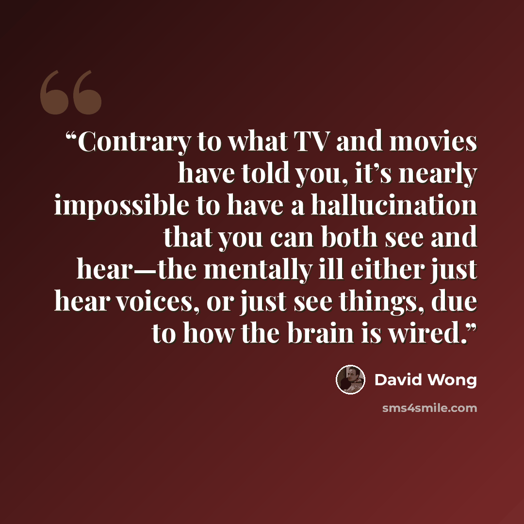 “Contrary to what TV and movies have told you, it’s nearly impossible to have a hallucination that you can both see and hear—the mentally ill either just hear voices, or just see things, due to how the brain is wired.” quote by David Wong