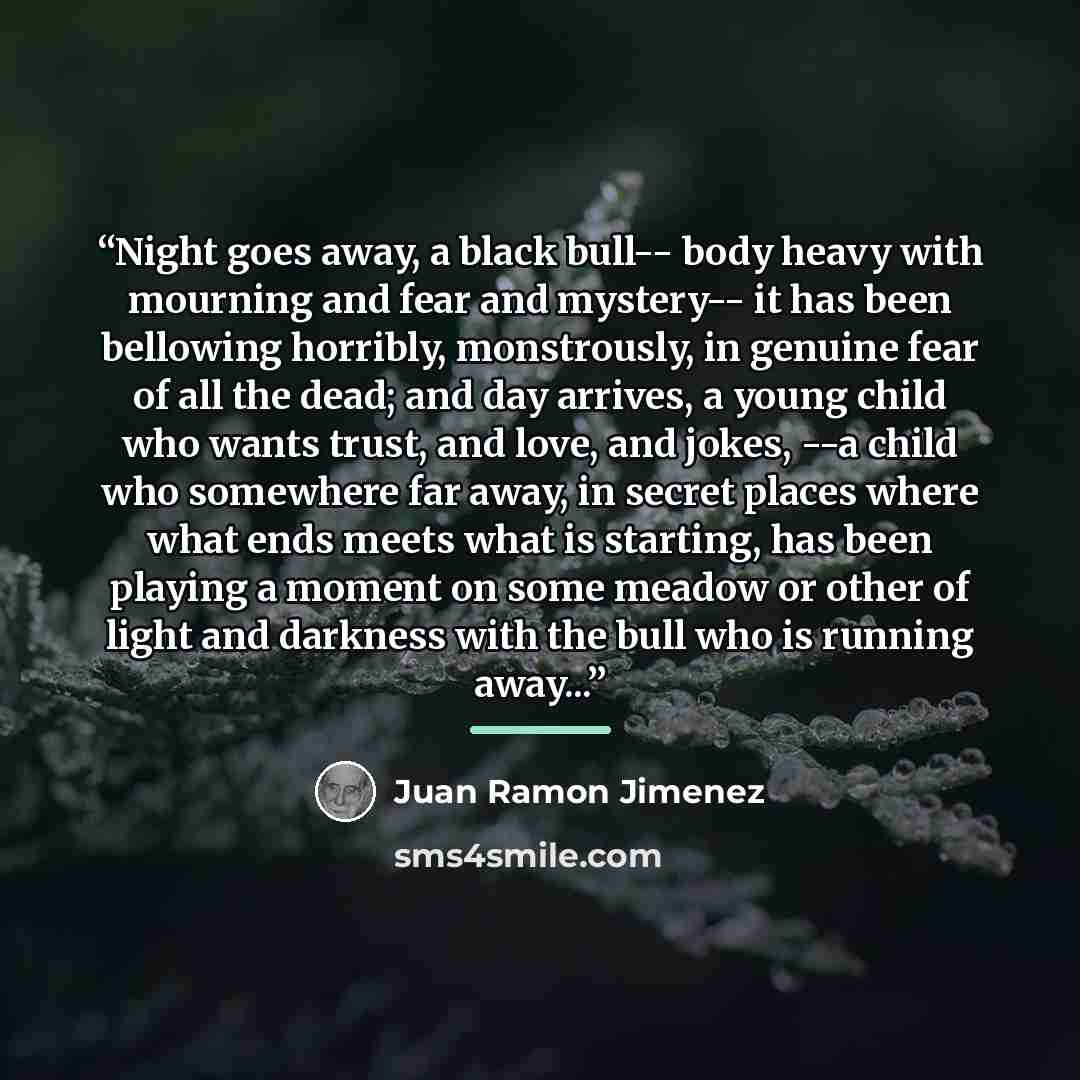 “Night goes away, a black bull-- body heavy with mourning and fear and mystery-- it has been bellowing horribly, monstrously, in genuine fear of all the dead; and day arrives, a young child who wants trust, and love, and jokes, --a child who somewhere far away, in secret places where what ends…” quote by Juan Ramón Jiménez