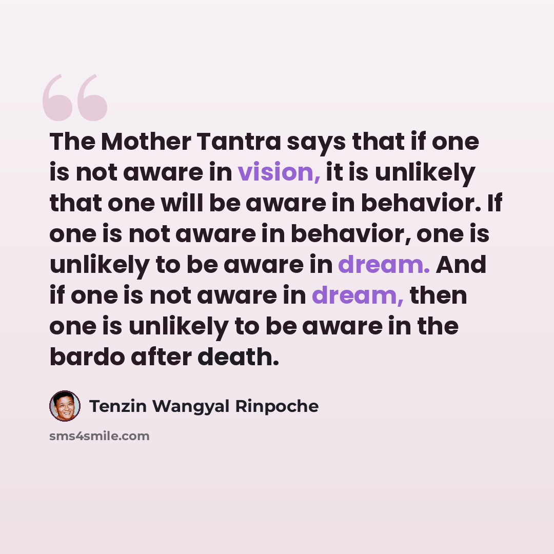 “The Mother Tantra says that if one is not aware in vision, it is unlikely that one will be aware in behavior. If one is not aware in behavior, one is unlikely to be aware in dream. And if one is not aware in dream, then one is unlikely to be aware in the bardo after death.” quote by Tenzin Wangyal Rinpoche