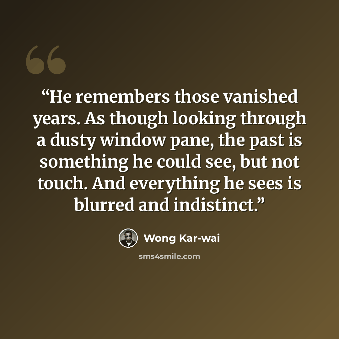“He remembers those vanished years. As though looking through a dusty window pane, the past is something he could see, but not touch. And everything he sees is blurred and indistinct.” quote by Wong Kar-Wai