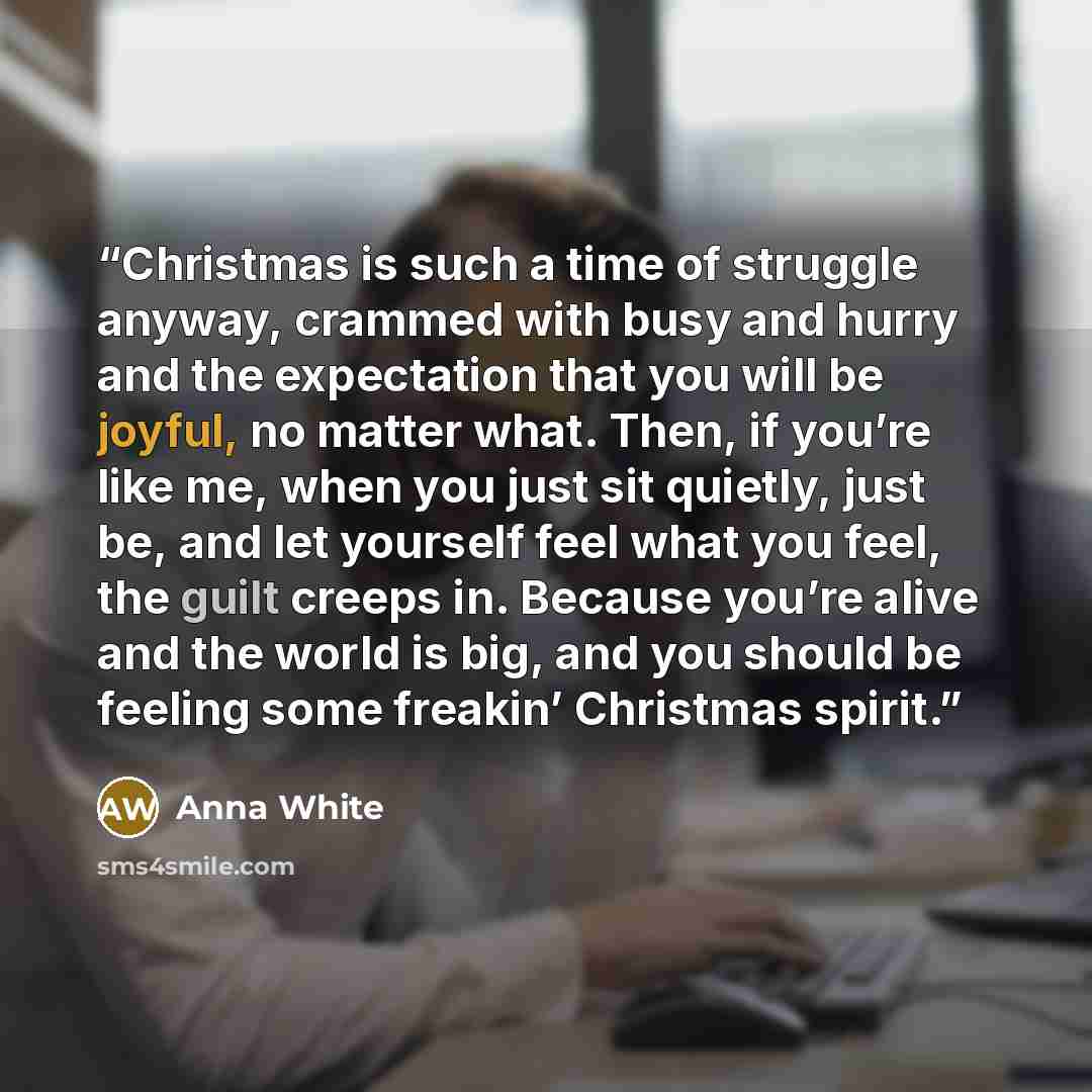 “Christmas is such a time of struggle anyway, crammed with busy and hurry and the expectation that you will be joyful, no matter what. Then, if you’re like me, when you just sit quietly, just be, and let yourself feel what you feel, the guilt creeps in. Because you’re alive and the world is big…” quote by Anna White