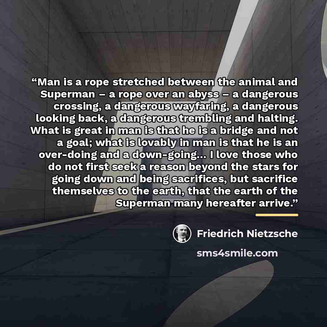 “Man is a rope stretched between the animal and Superman – a rope over an abyss – a dangerous crossing, a dangerous wayfaring, a dangerous looking back, a dangerous trembling and halting. What is great in man is that he is a bridge and not a goal; what is lovably in man is that he is an over-doing…” quote by Friedrich Nietzsche