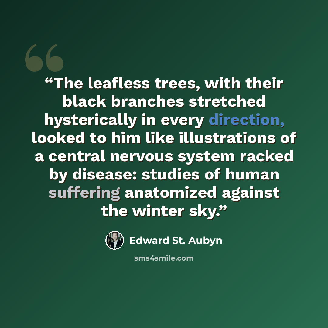“The leafless trees, with their black branches stretched hysterically in every direction, looked to him like illustrations of a central nervous system racked by disease: studies of human suffering anatomized against the winter sky.” quote by Edward St. Aubyn