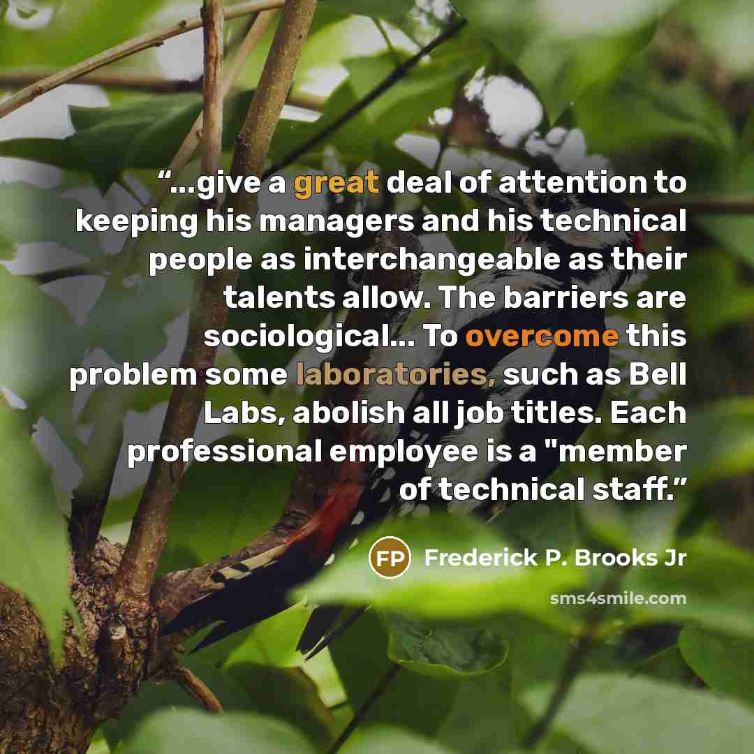 “...give a great deal of attention to keeping his managers and his technical people as interchangeable as their talents allow. The barriers are sociological... To overcome this problem some laboratories, such as Bell Labs, abolish all job titles. Each professional employee is a "member of technical…” quote by Frederick P. Brooks Jr