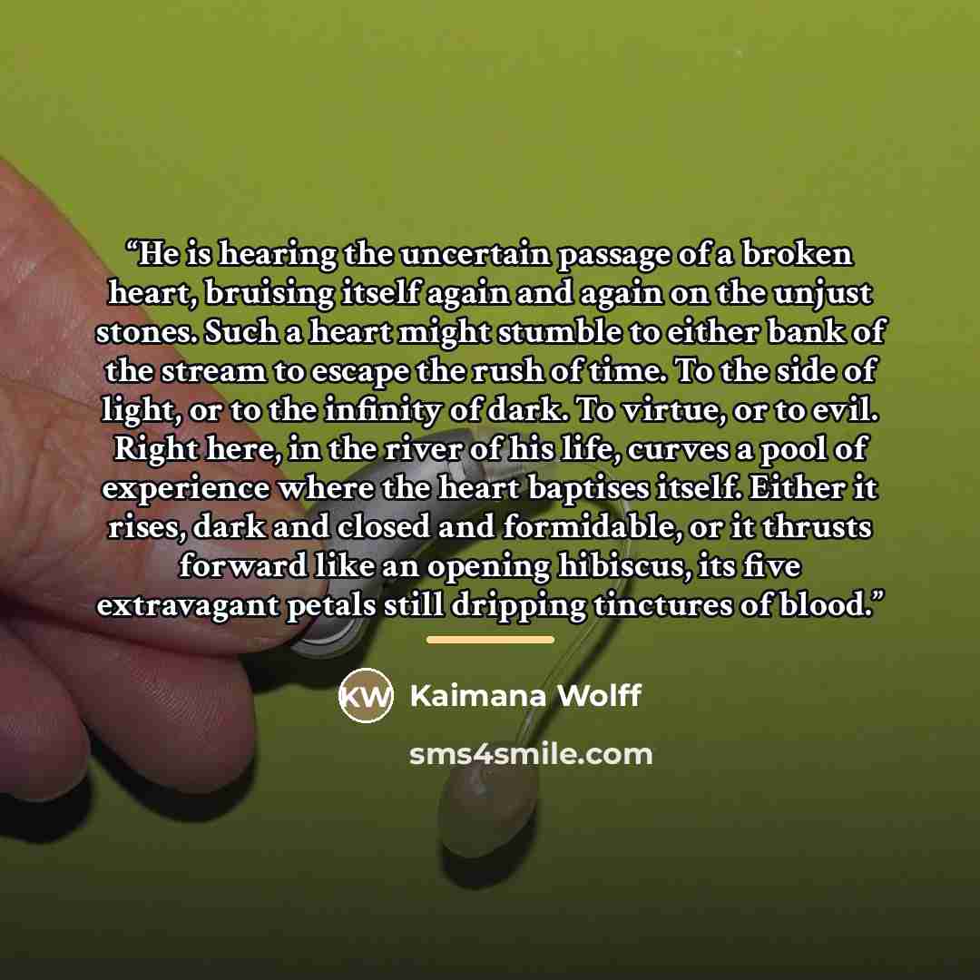 “He is hearing the uncertain passage of a broken heart, bruising itself again and again on the unjust stones. Such a heart might stumble to either bank of the stream to escape the rush of time. To the side of light, or to the infinity of dark. To virtue, or to evil. Right here, in the river of his…” quote by Kaimana Wolff