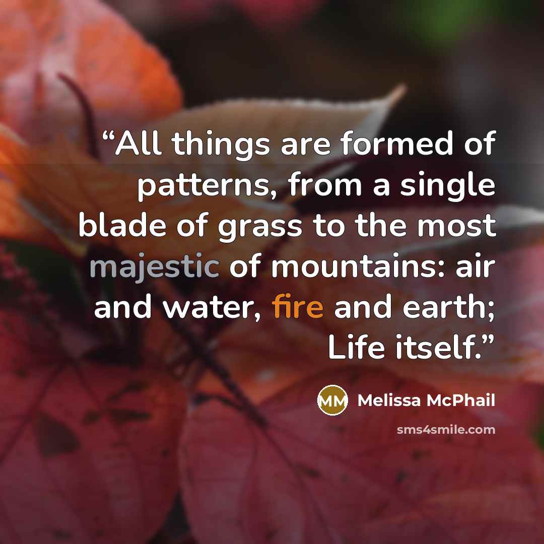 “All things are formed of patterns, from a single blade of grass to the most majestic of mountains: air and water, fire and earth; Life itself.” quote by Melissa McPhail