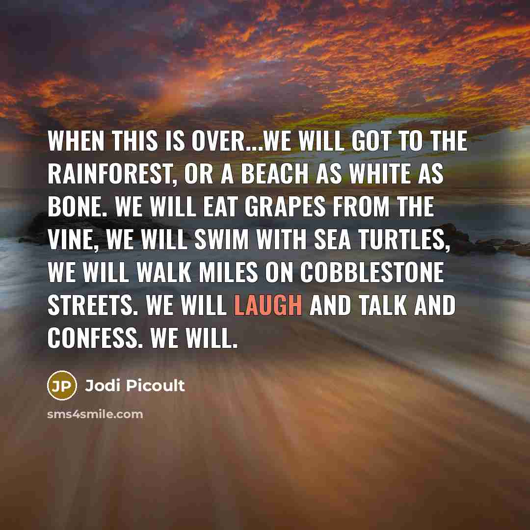 “When this is over...we will got to the rainforest, or a beach as white as bone. We will eat grapes from the vine, we will swim with sea turtles, we will walk miles on cobblestone streets. We will laugh and talk and confess. We will.” quote by Jodi Picoult