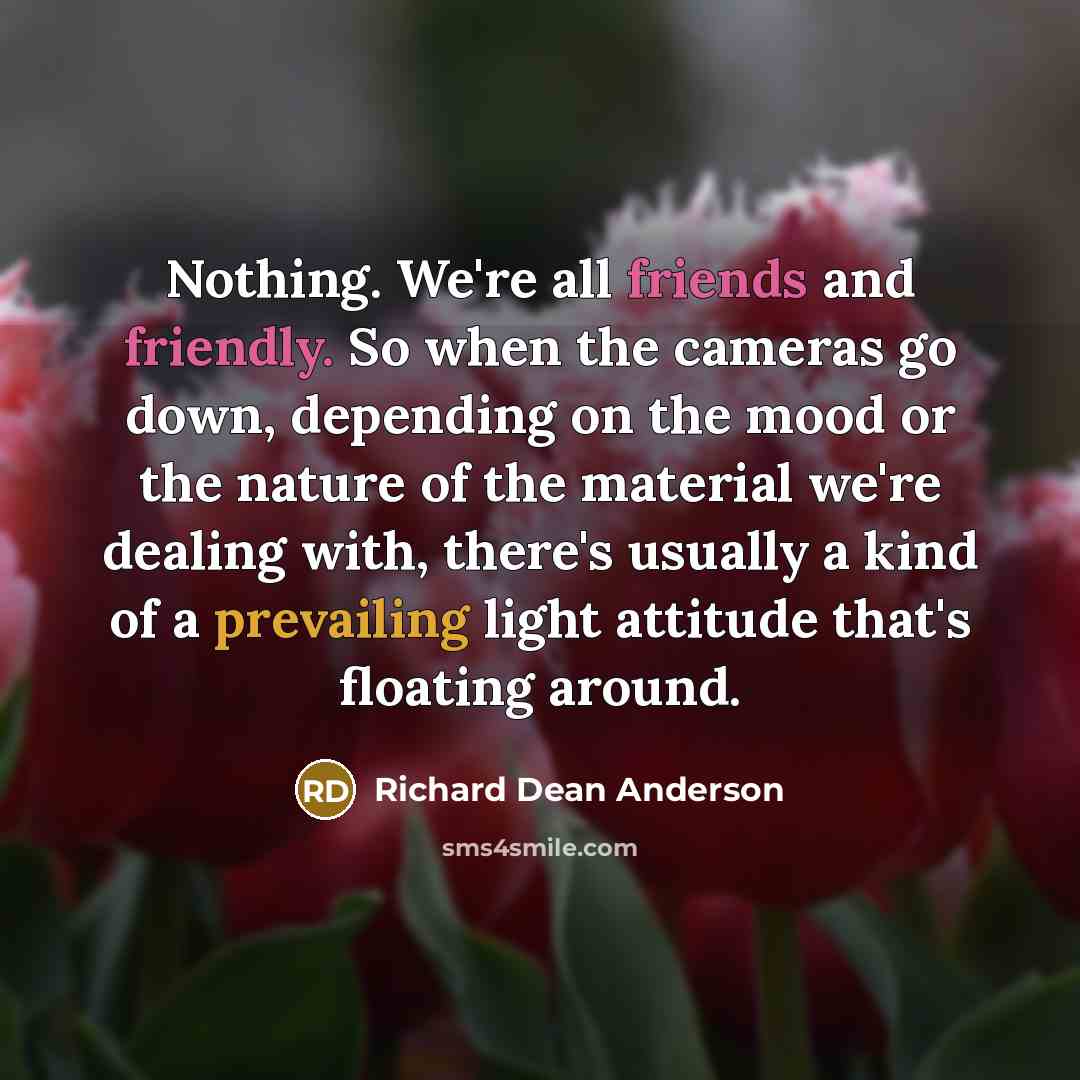“Nothing. We're all friends and friendly. So when the cameras go down, depending on the mood or the nature of the material we're dealing with, there's usually a kind of a prevailing light attitude that's floating around.” quote by Richard Dean Anderson